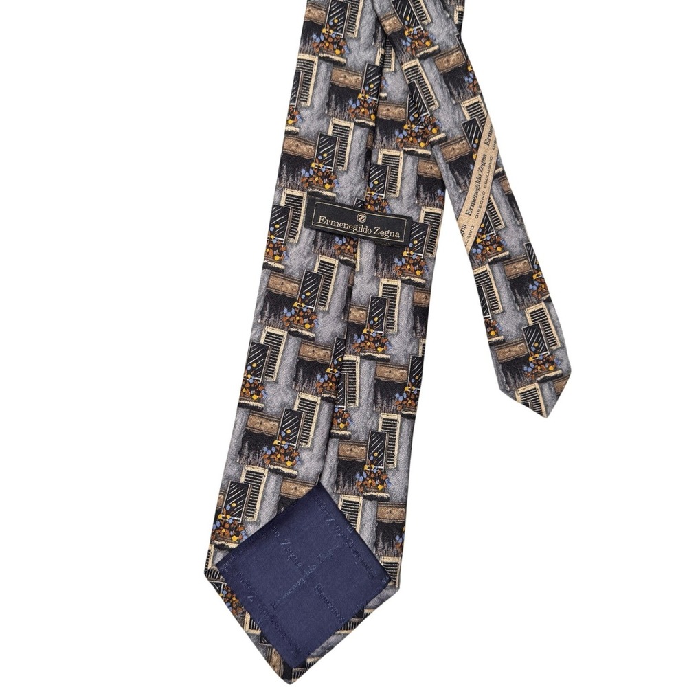 Ermenegildo Zegna Silk Tie‎ Grey Black Architectural Window Floral Italy Men